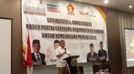 Sektretaris Jenderal DPP Partai Gerindra Ahmad Muzani saat menghadiri konsolidasi partai Gerindra di Kabupaten Karawang, (foto: Andyka tim SekitarKita.id)