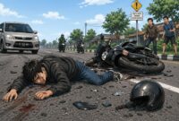 Ilustrasi kecelakaan motor (foto: desain AI/sekitarkita.id)