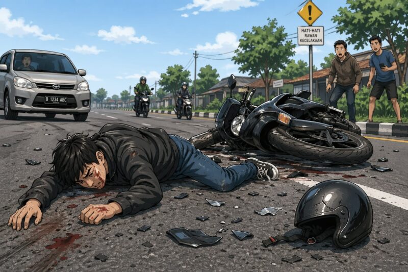 Ilustrasi kecelakaan motor (foto: desain AI/sekitarkita.id)
