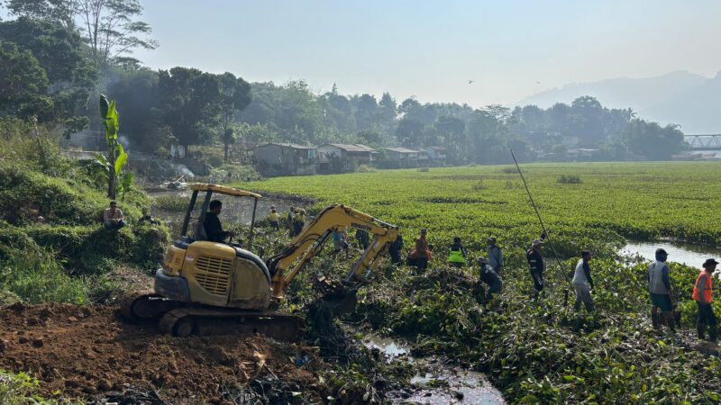 Aksi pembersihan eceng gondok dimulai pada Senin (29/6/2026) di kawasan Jembatan Ciminyak, Desa Rancapanggung, Kecamatan Cililin KBB (foto: istimewa)